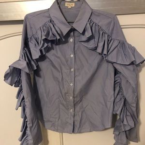 👚Ruffle trendy button down blue/white